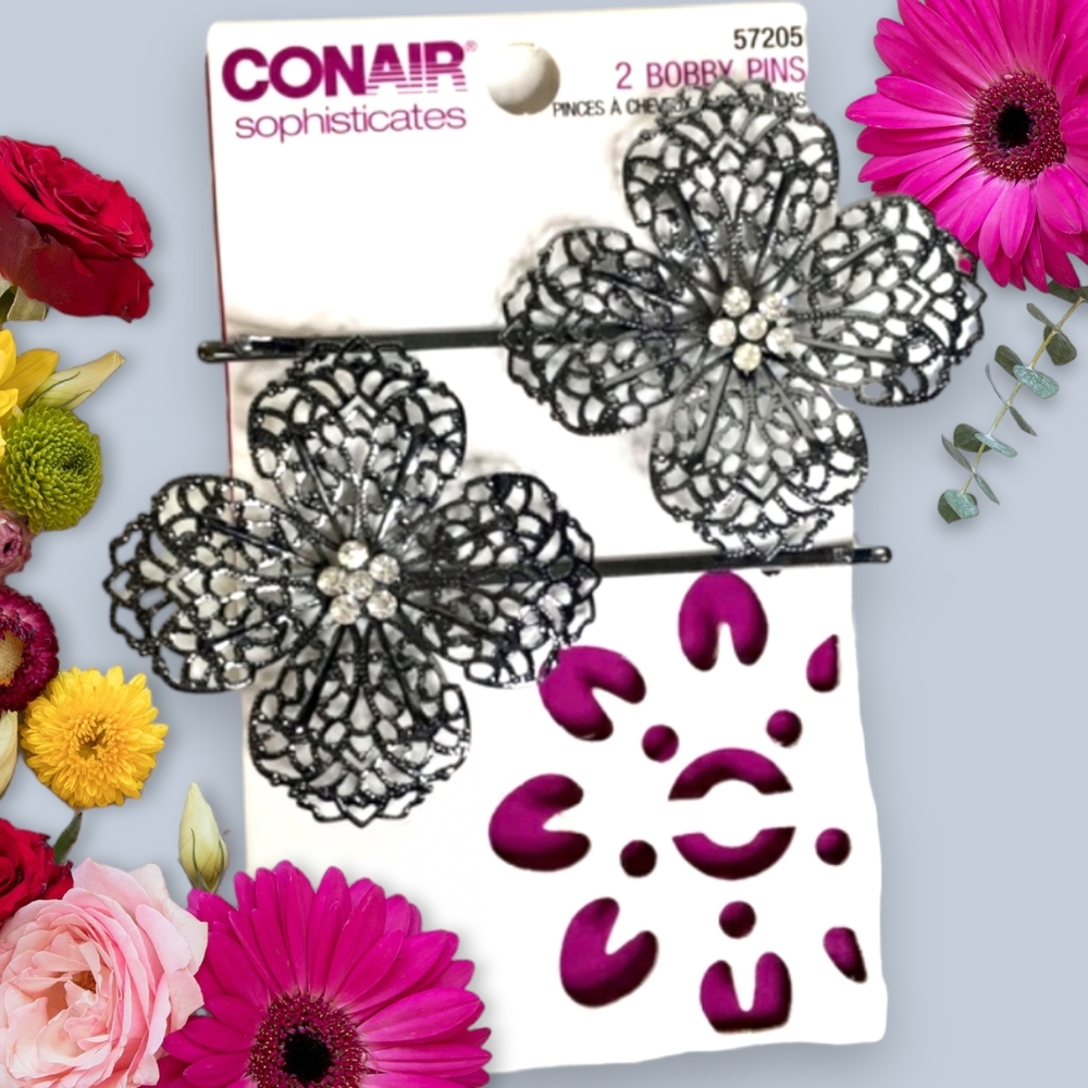 CONAIR Lace Cutout Flower Gunmetal Rhinestone Bobby Pins